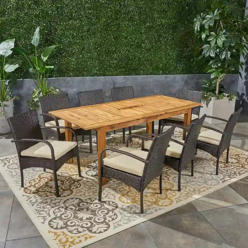 Elmar 9 Piece Outdoor Wood/Wicker Extending Dining Set by Christopher Knight Home