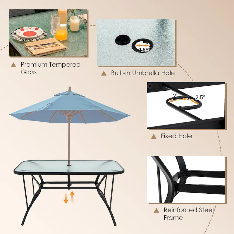 7PCS Patio Dining Set 6 Stackable Chairs Glass Table Umbrella Hole