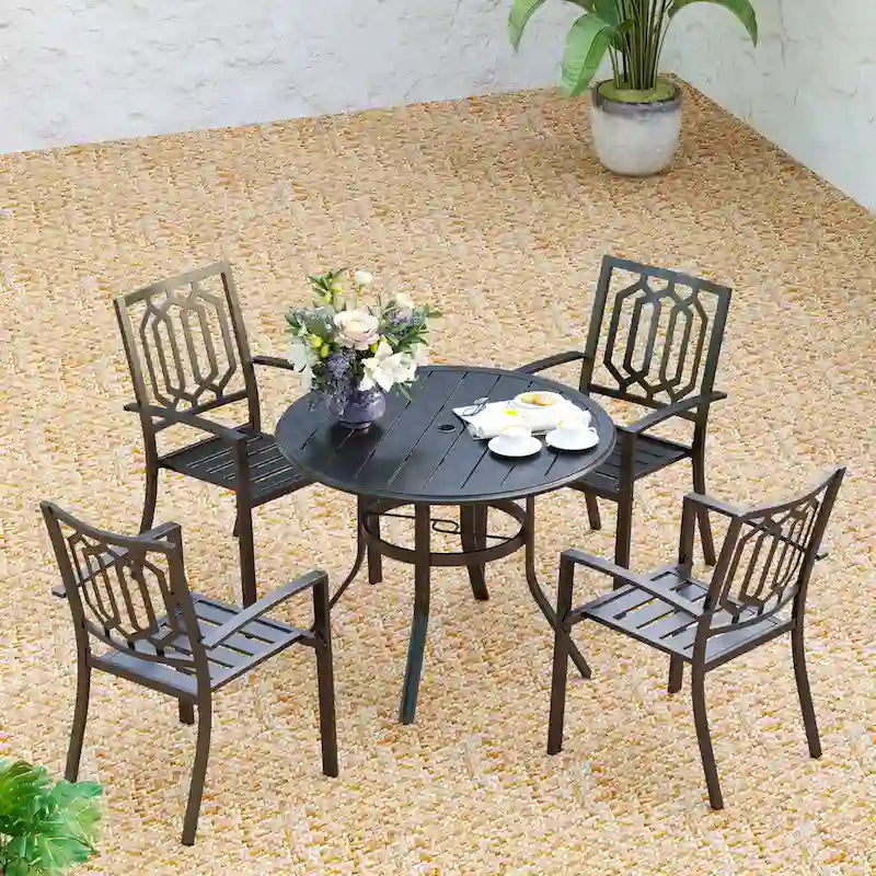 MAISON ARTS 5 Piece Outdoor Patio Dining Set, 4 Metal Stackable Dining Chairs and 1 Round 37.8  Diameter Umbrella Table