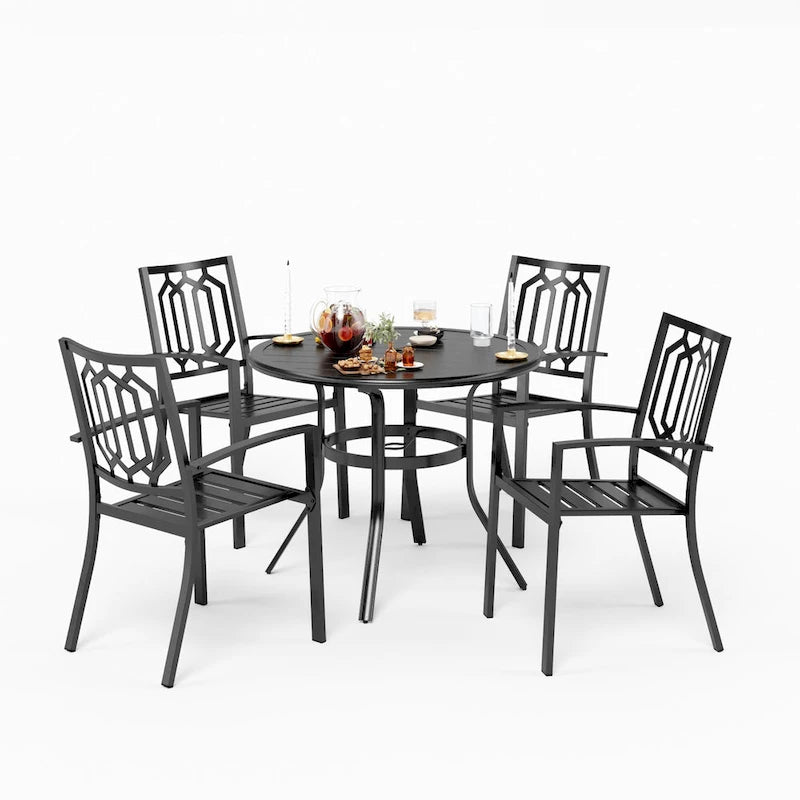 MAISON ARTS 5 Piece Outdoor Patio Dining Set, 4 Metal Stackable Dining Chairs and 1 Round 37.8  Diameter Umbrella Table