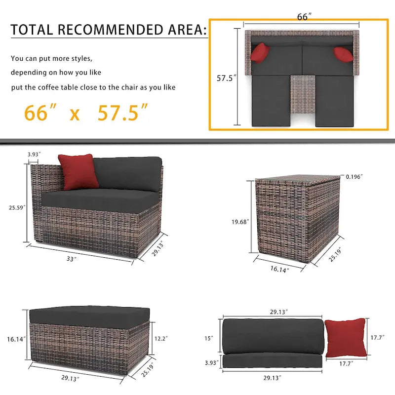 5 Pieces Outdoor Patio Garden Brown Wicker Sectional Conversation Sofa Set with Black Cushions and Red Pillows