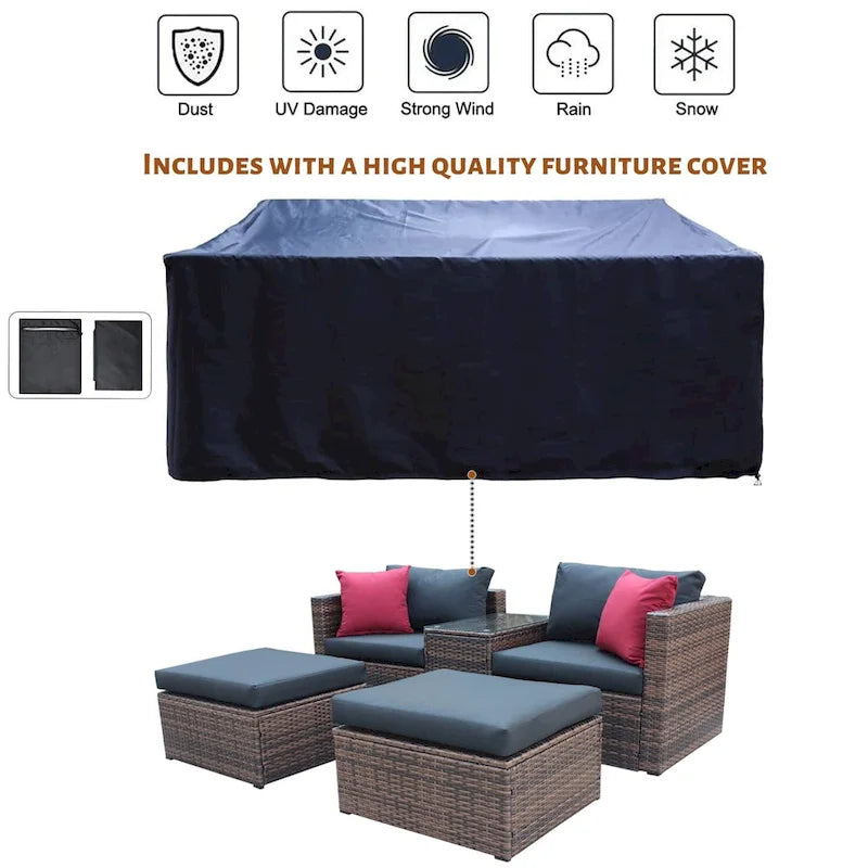 5 Pieces Outdoor Patio Garden Brown Wicker Sectional Conversation Sofa Set with Black Cushions and Red Pillows
