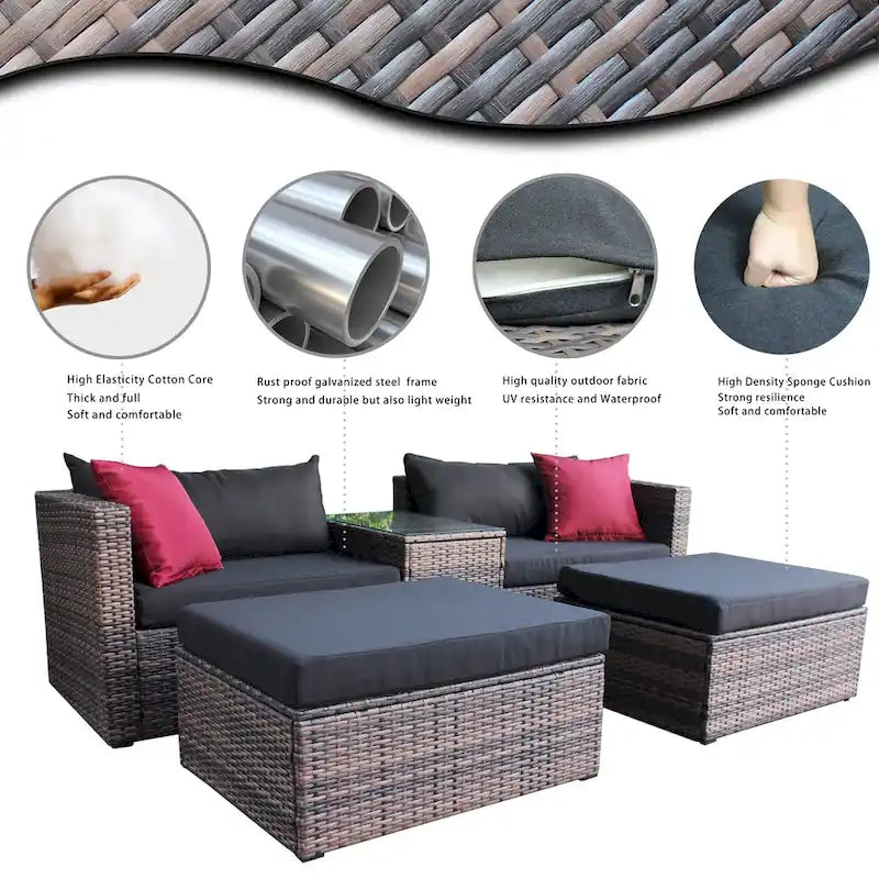 5 Pieces Outdoor Patio Garden Brown Wicker Sectional Conversation Sofa Set with Black Cushions and Red Pillows