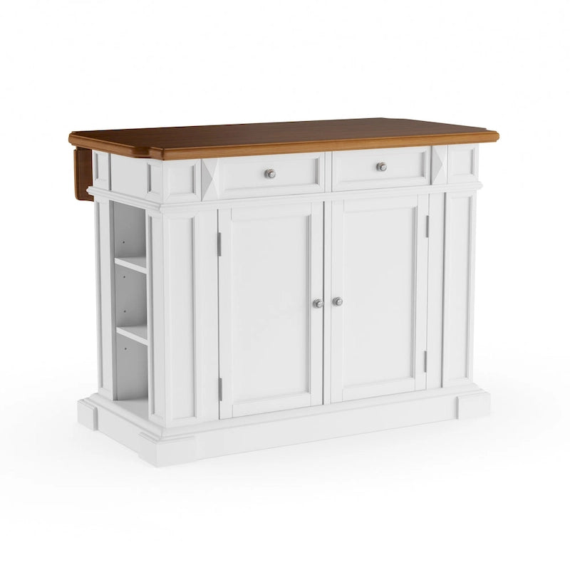 Kitchen Island with Drop Leaf - White and Distressed Oak