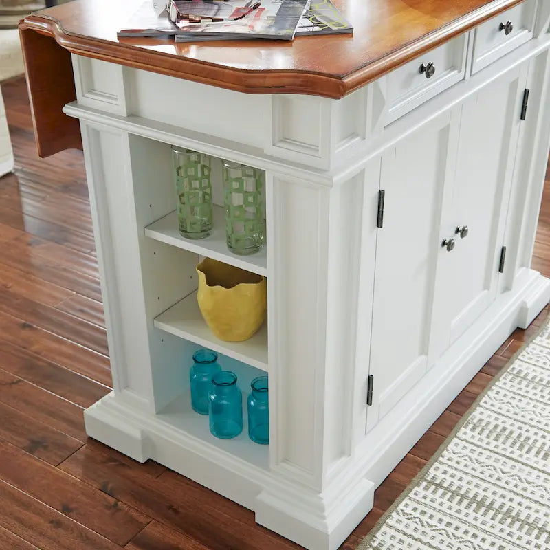 Kitchen Island with Drop Leaf - White and Distressed Oak