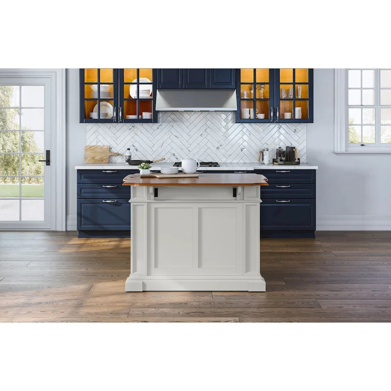 Kitchen Island with Drop Leaf - White and Distressed Oak