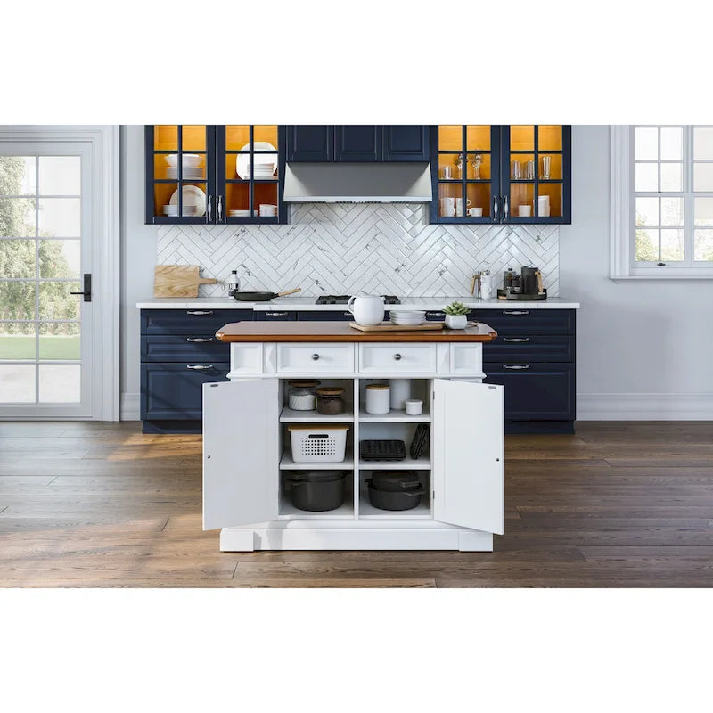 Kitchen Island with Drop Leaf - White and Distressed Oak