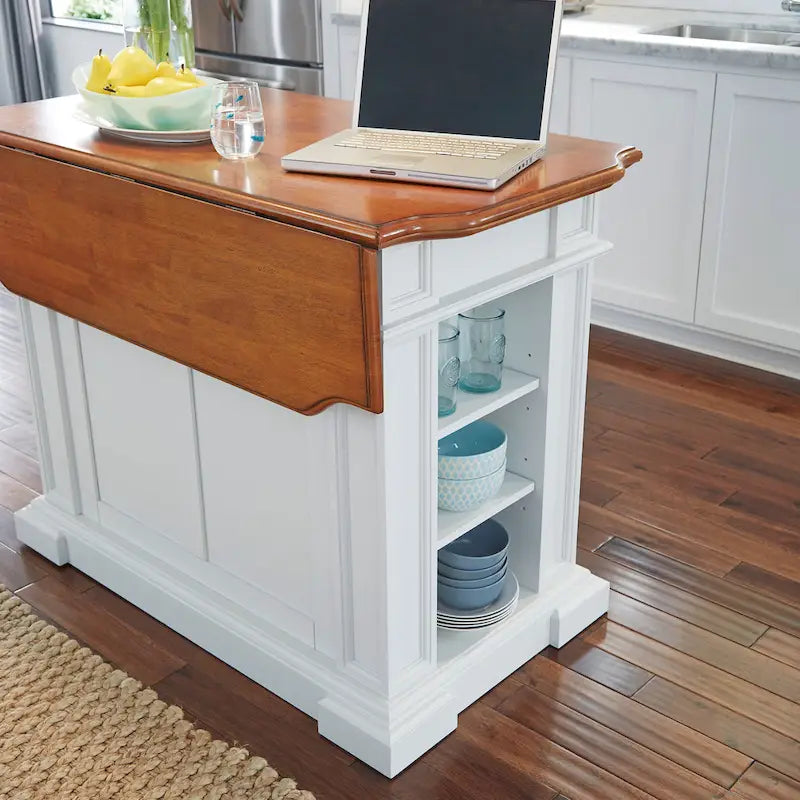 Kitchen Island with Drop Leaf - White and Distressed Oak