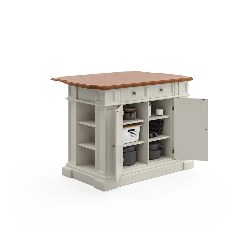 Kitchen Island with Drop Leaf - White and Distressed Oak
