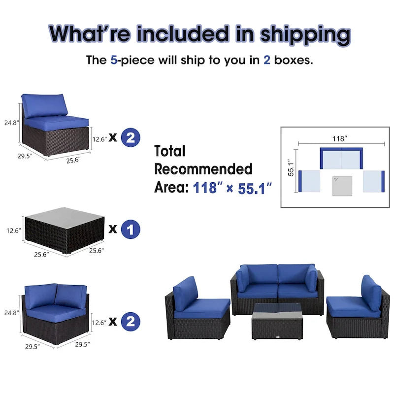 Kinsunny 5-Piece Outdoor Sectional Sofa, Patio Furniture Outdoor Conversation Set with Cushions, All-Weather Rattan Wicker Sofa
