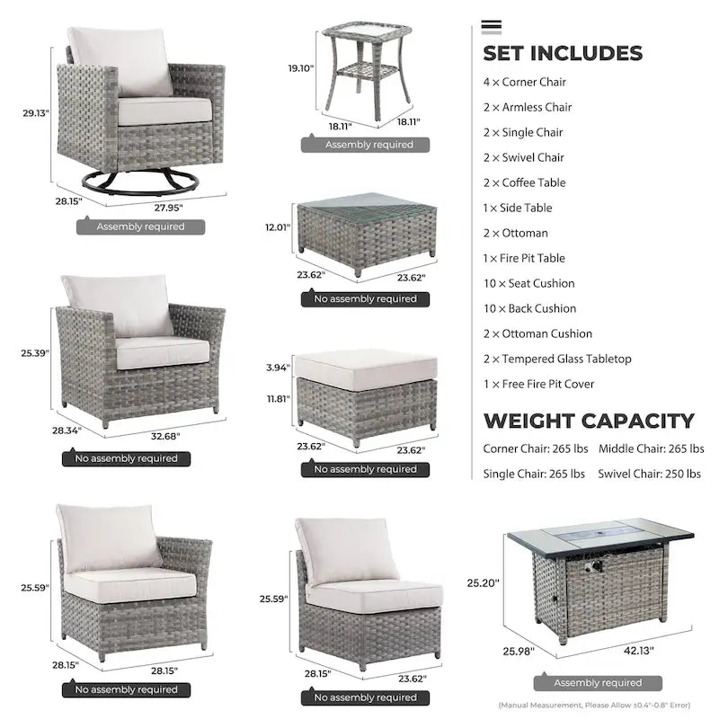 HOOOWOOO 16-piece Grey Rattan Outdoor Furniture Sectional Sofa Set Fire Pit Set with Swivel Chairs