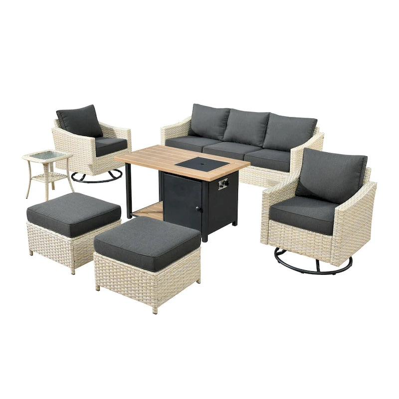 HOOOWOOO 7-piece Outdoor Wicker Patio Furniture Set with Fire Pit Table