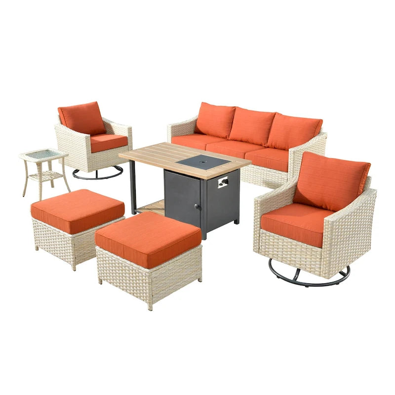 HOOOWOOO 7-piece Outdoor Wicker Patio Furniture Set with Fire Pit Table