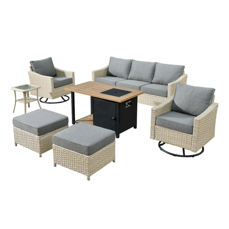 HOOOWOOO 7-piece Outdoor Wicker Patio Furniture Set with Fire Pit Table