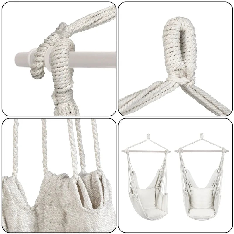Hanging Rope Hammock Chair Swing Seat for Any Indoor or Outdoor Spaces, 2 Seat Cushions Included (White)