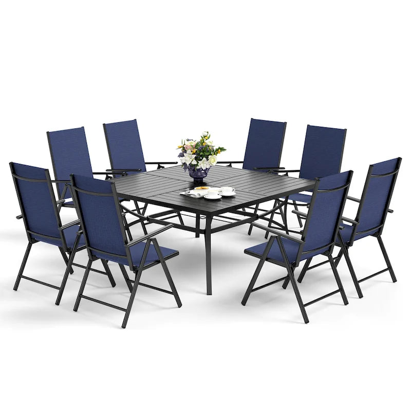9 Pieces Patio Dining Set, 60 Inch Square Metal Table and Sling Dining Chairs Seats Up to 8