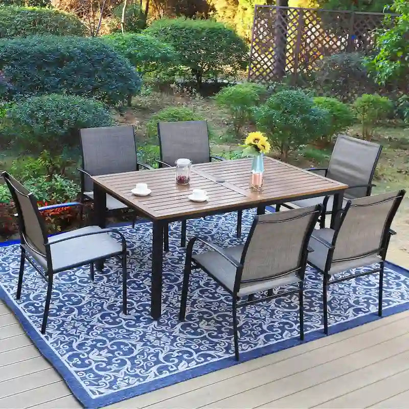 MAISON ARTS Outdoor Patio Dining Set 7 Piece Furniture Set with 6 Textilene Chairs and Metal Rectangular Brown Dining Table