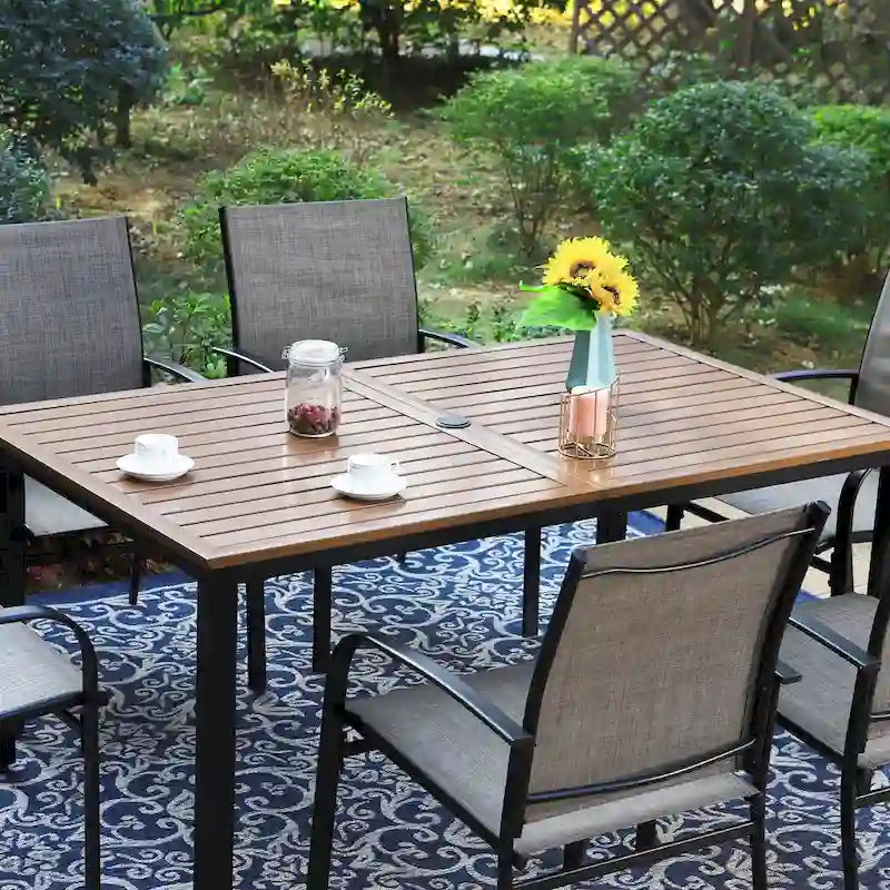 MAISON ARTS Outdoor Patio Dining Set 7 Piece Furniture Set with 6 Textilene Chairs and Metal Rectangular Brown Dining Table