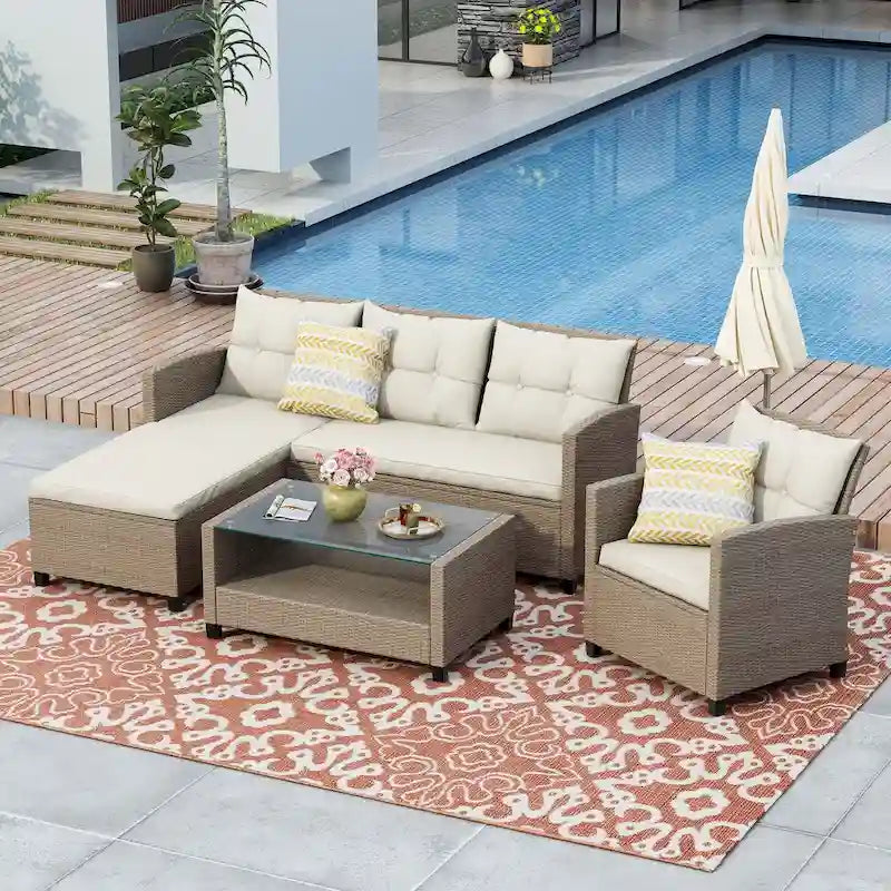 4 Piece Conversation Set Wicker Ratten Sectional Sofa with Seat Cushions