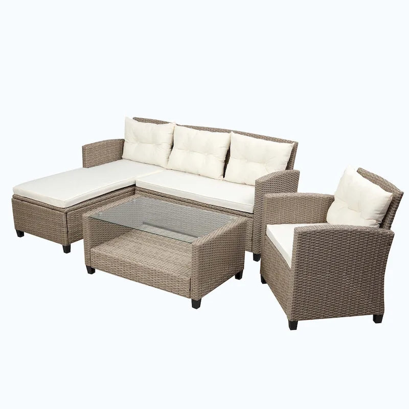 4 Piece Conversation Set Wicker Ratten Sectional Sofa with Seat Cushions