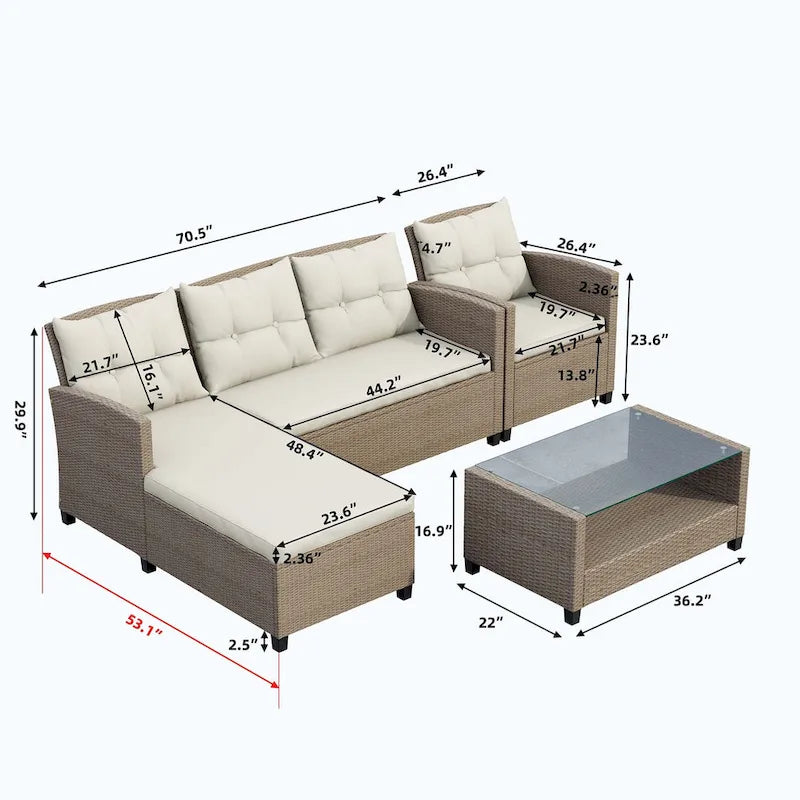 4 Piece Conversation Set Wicker Ratten Sectional Sofa with Seat Cushions