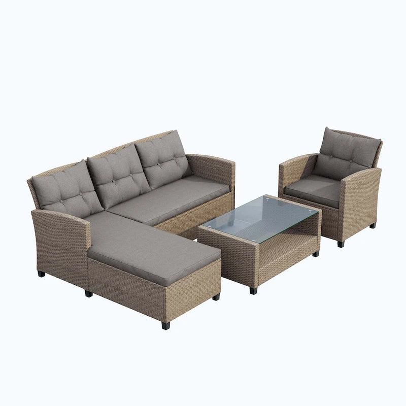 4 Piece Conversation Set Wicker Ratten Sectional Sofa with Seat Cushions