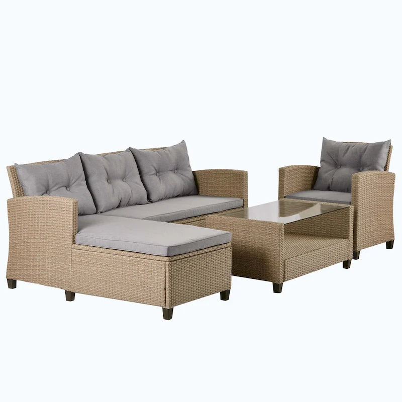 4 Piece Conversation Set Wicker Ratten Sectional Sofa with Seat Cushions