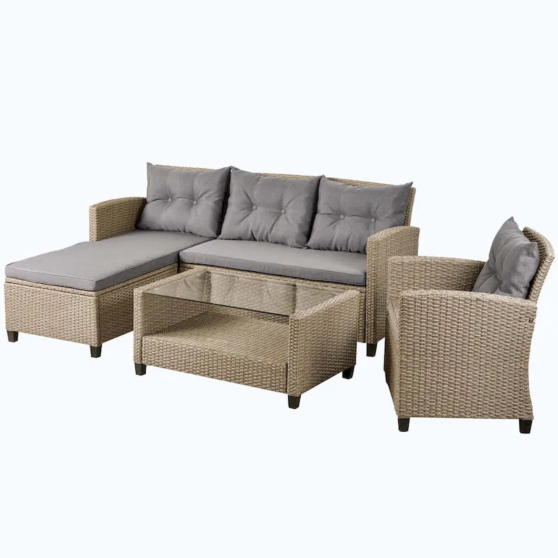 4 Piece Conversation Set Wicker Ratten Sectional Sofa with Seat Cushions