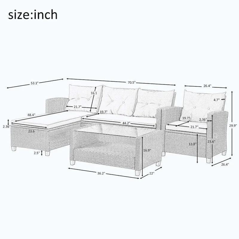 4 Piece Conversation Set Wicker Ratten Sectional Sofa with Seat Cushions