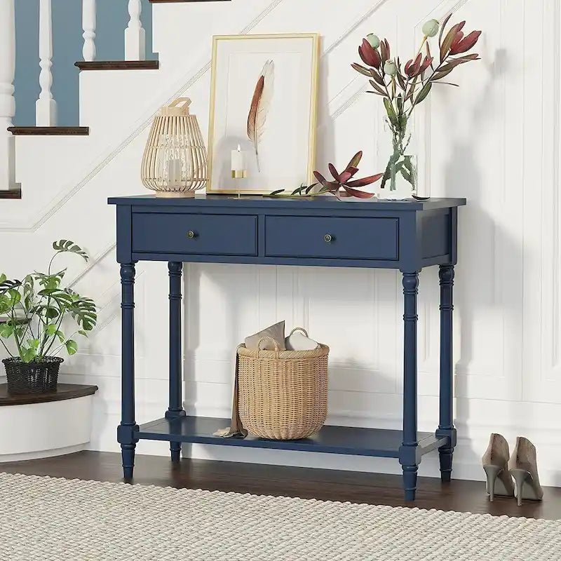 Solid Wood Console Table with 2 Drawers and Shelf - Blue, White, Walnut, Black, Dark Walnut