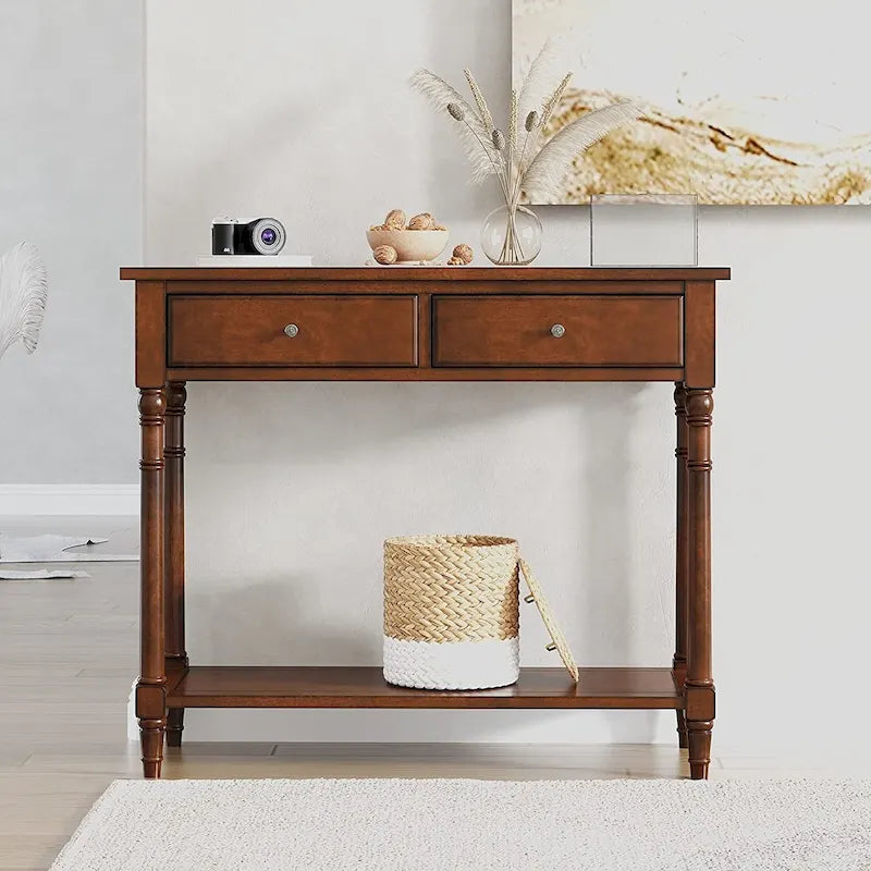 Solid Wood Console Table with 2 Drawers and Shelf - Blue, White, Walnut, Black, Dark Walnut