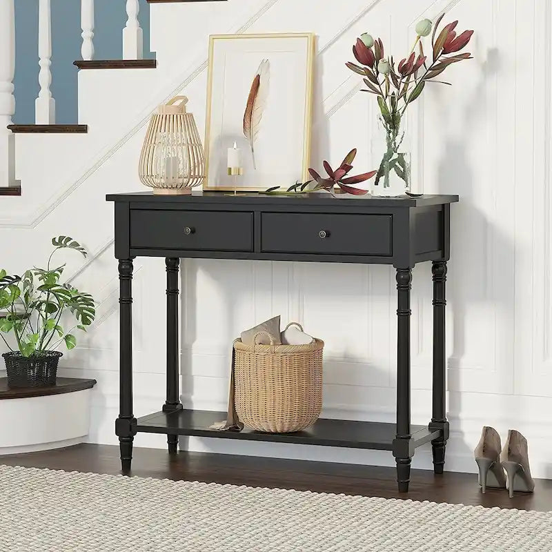Solid Wood Console Table with 2 Drawers and Shelf - Blue, White, Walnut, Black, Dark Walnut