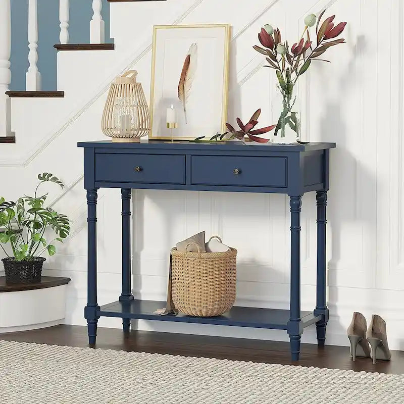 Solid Wood Console Table with 2 Drawers and Shelf - Blue, White, Walnut, Black, Dark Walnut