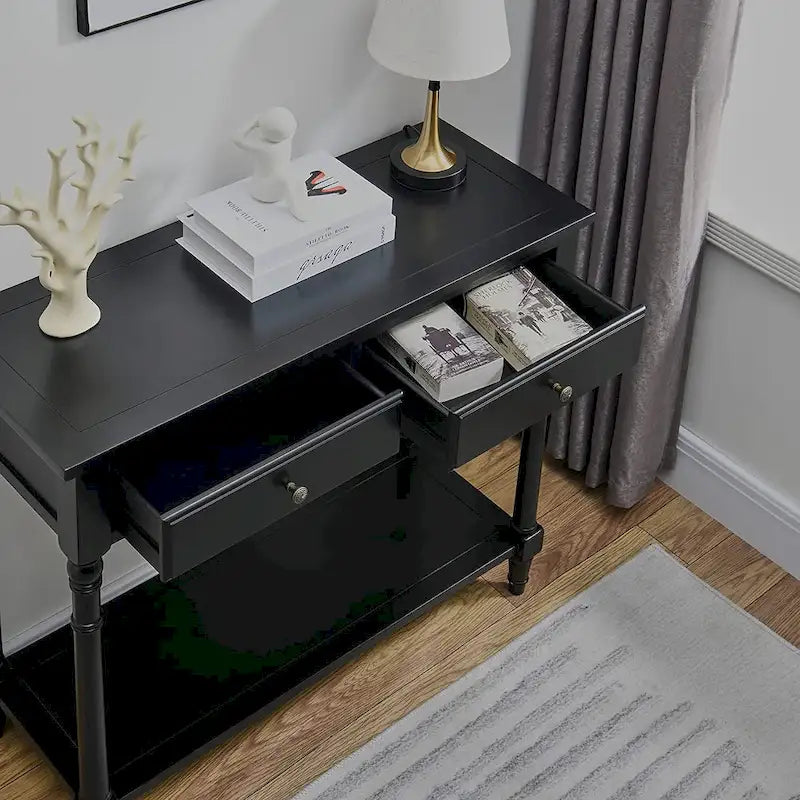 Solid Wood Console Table with 2 Drawers and Shelf - Blue, White, Walnut, Black, Dark Walnut