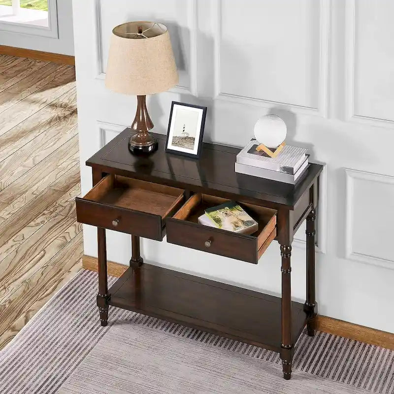 Solid Wood Console Table with 2 Drawers and Shelf - Blue, White, Walnut, Black, Dark Walnut