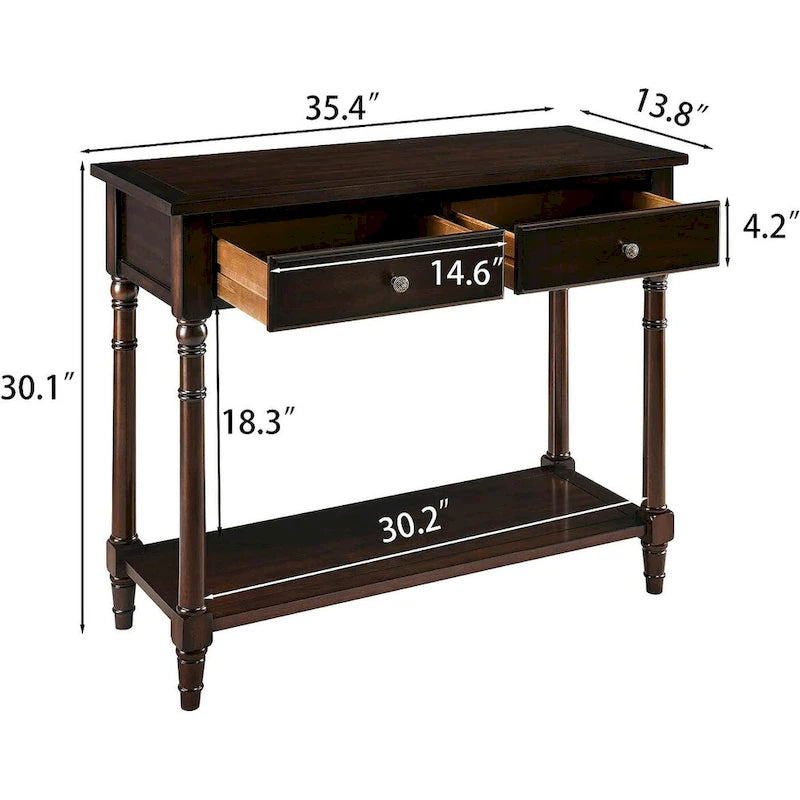 Solid Wood Console Table with 2 Drawers and Shelf - Blue, White, Walnut, Black, Dark Walnut