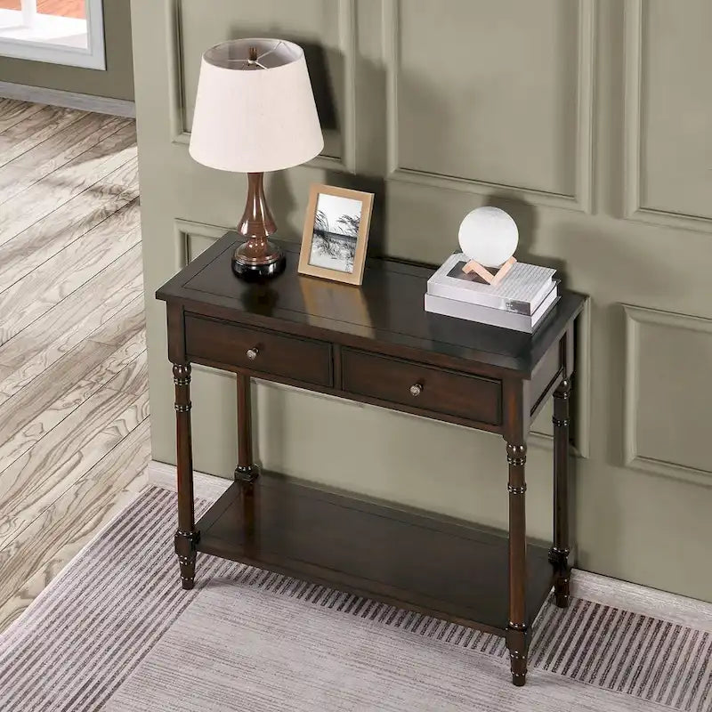 Solid Wood Console Table with 2 Drawers and Shelf - Blue, White, Walnut, Black, Dark Walnut