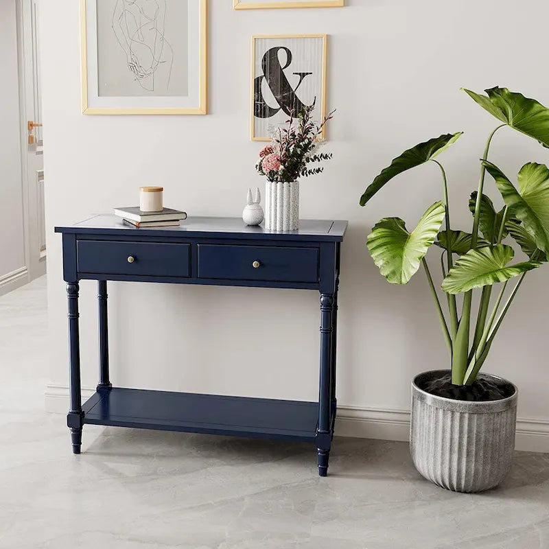 Solid Wood Console Table with 2 Drawers and Shelf - Blue, White, Walnut, Black, Dark Walnut