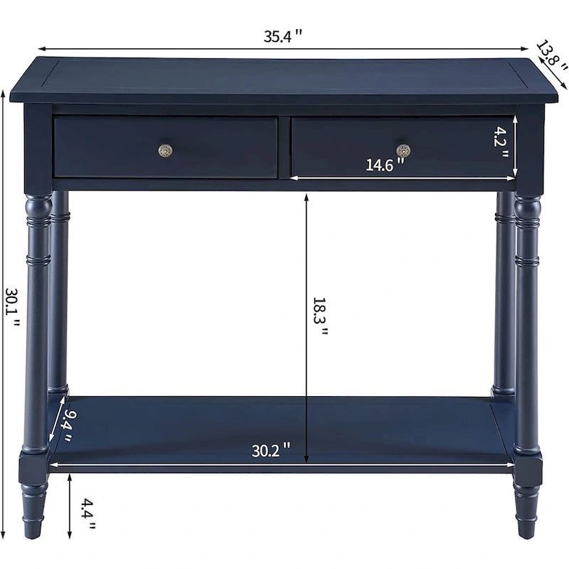 Solid Wood Console Table with 2 Drawers and Shelf - Blue, White, Walnut, Black, Dark Walnut