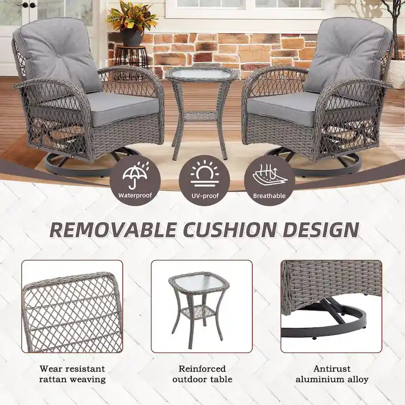 3-Piece Wicker Swivel Outdoor Patio Sets With Table