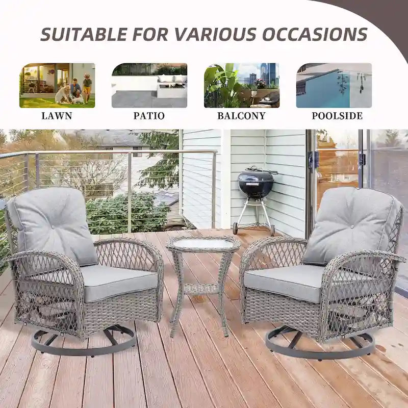 3-Piece Wicker Swivel Outdoor Patio Sets With Table