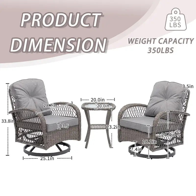 3-Piece Wicker Swivel Outdoor Patio Sets With Table