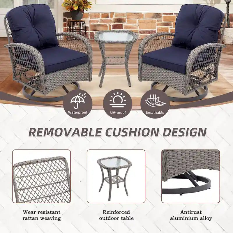 3-Piece Wicker Swivel Outdoor Patio Sets With Table