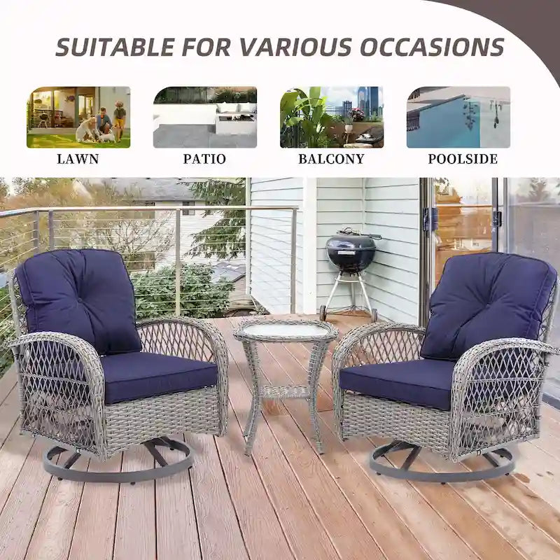 3-Piece Wicker Swivel Outdoor Patio Sets With Table