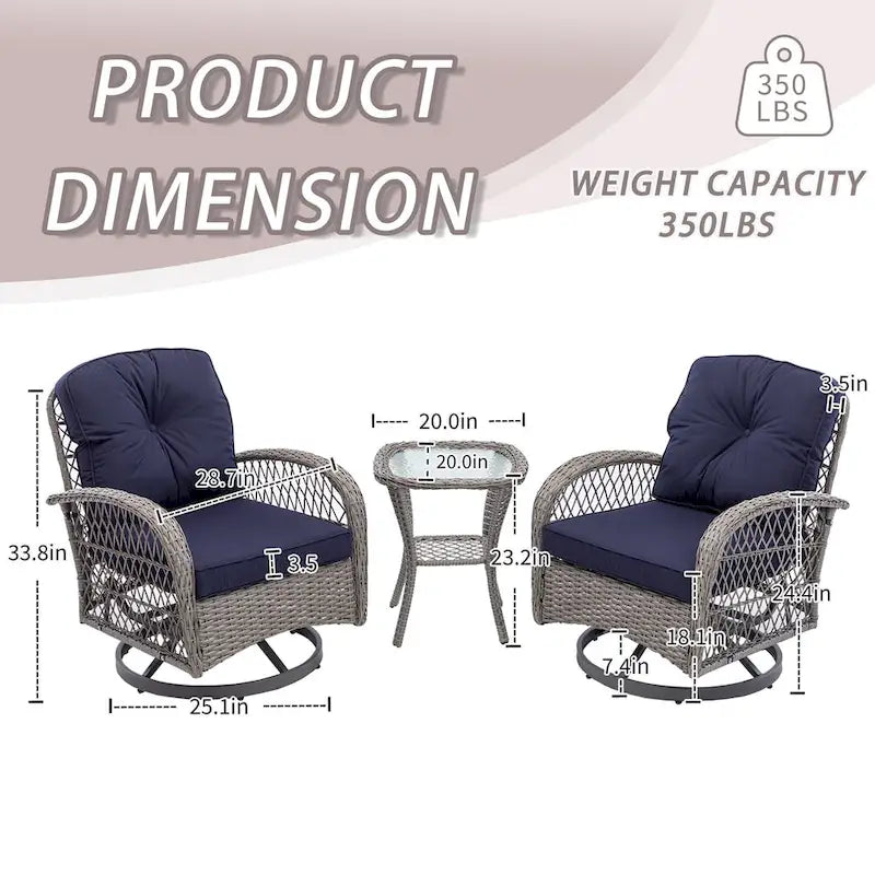 3-Piece Wicker Swivel Outdoor Patio Sets With Table