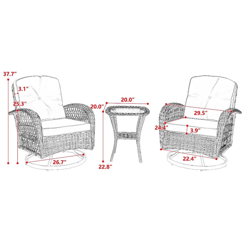 3-Piece Wicker Swivel Outdoor Patio Sets With Table