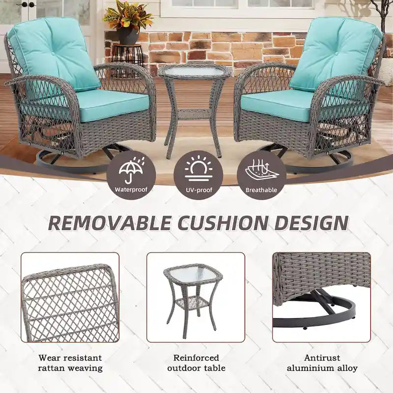 3-Piece Wicker Swivel Outdoor Patio Sets With Table