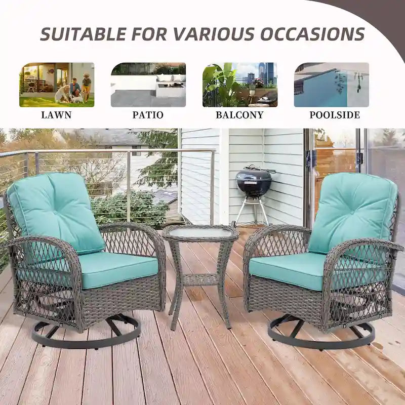3-Piece Wicker Swivel Outdoor Patio Sets With Table