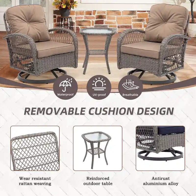 3-Piece Wicker Swivel Outdoor Patio Sets With Table