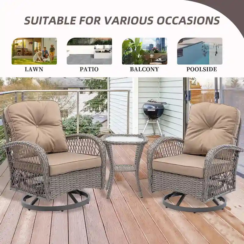 3-Piece Wicker Swivel Outdoor Patio Sets With Table
